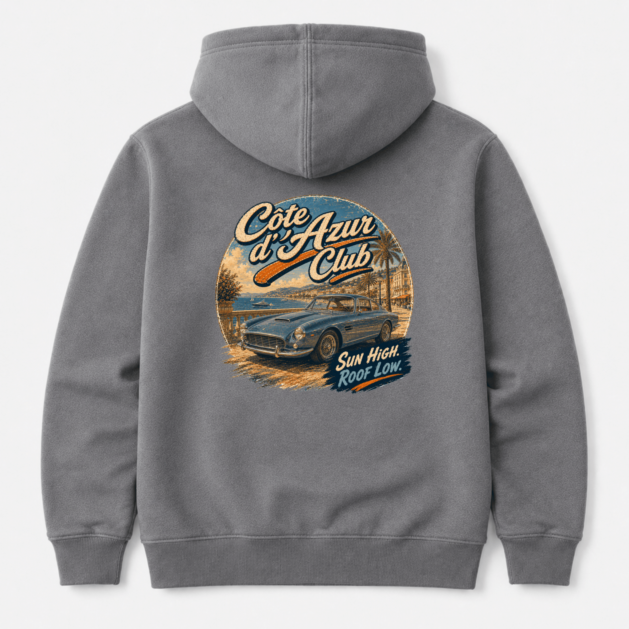 Camberline Cars Cote D'Azur Classic Coupe Hoodie in Storm Grey showing back graphic
