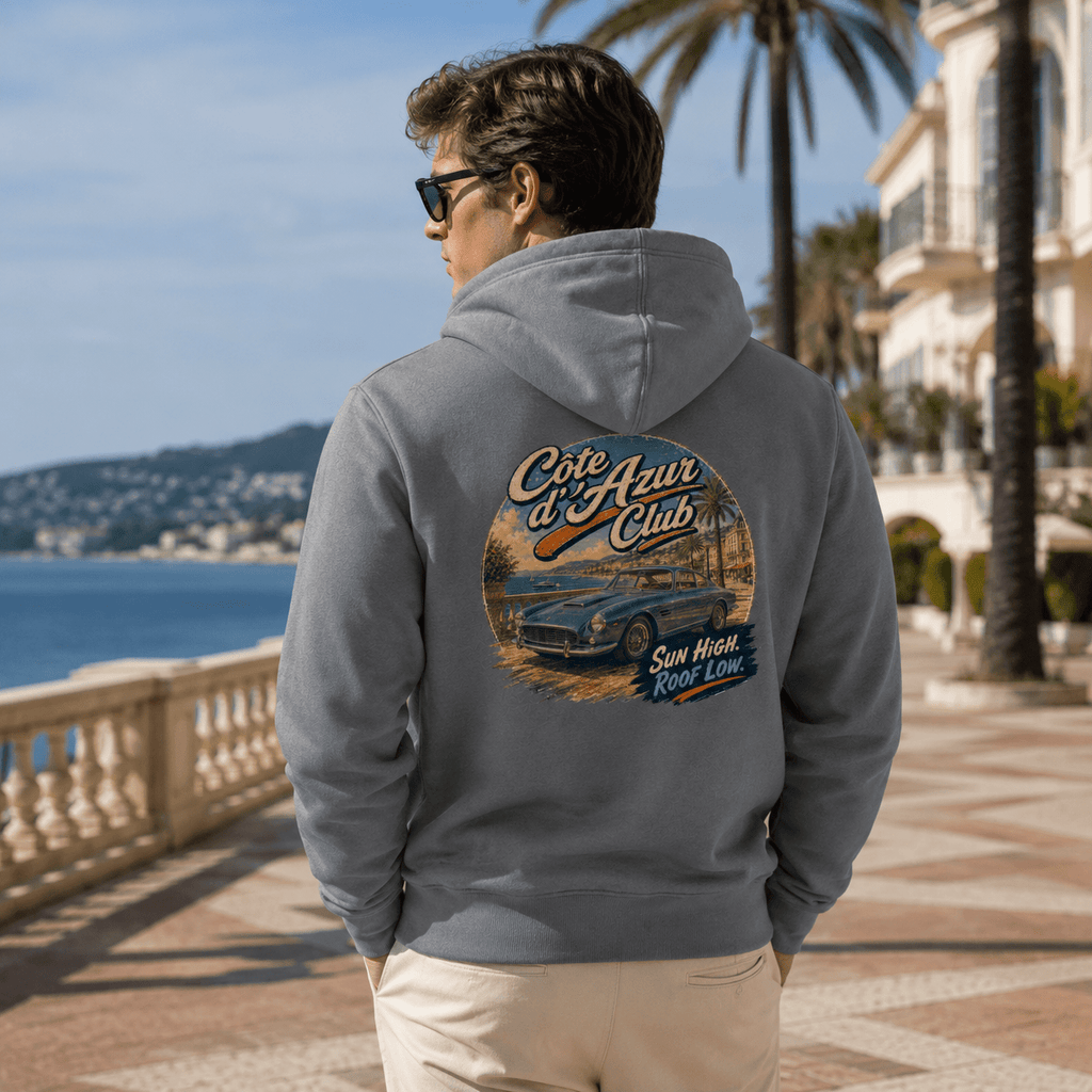 Model wearing Camberline Cars Cote D'Azur Classic Coupe Hoodie in Storm Grey, styled for car culture