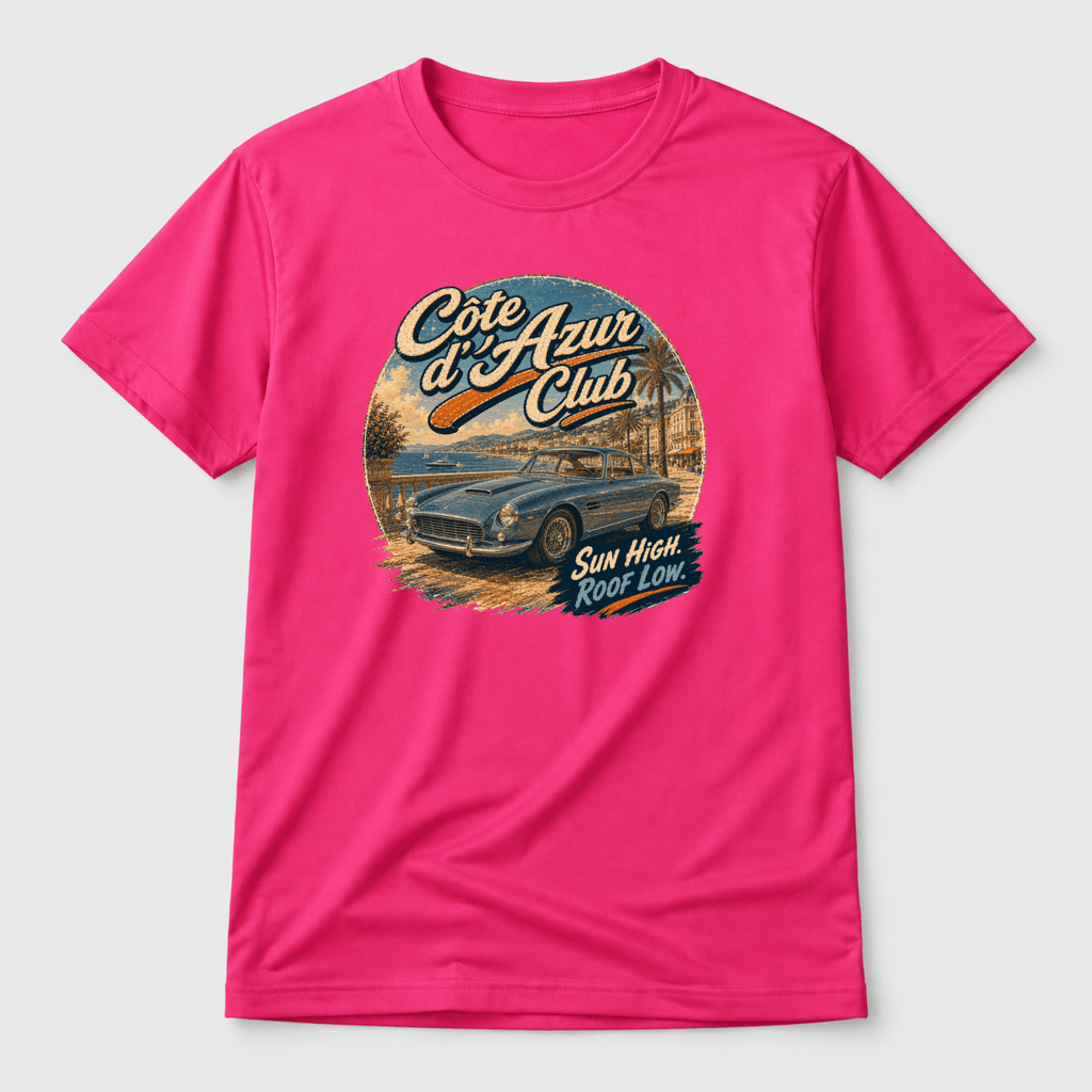 Camberline Cars Cote D'Azur Club T-Shirt in Hot Pink showing front graphic