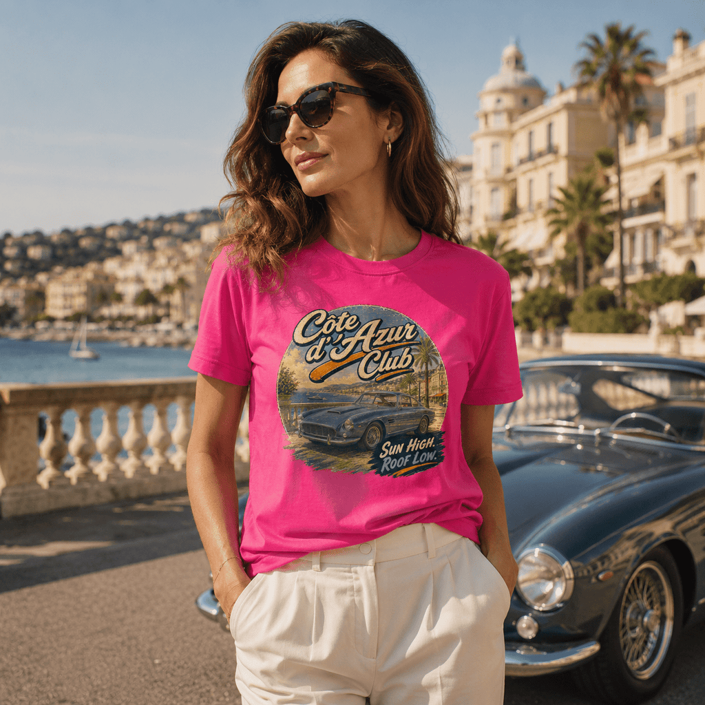 Model wearing Camberline Cars Cote D'Azur Club T-Shirt in Hot Pink, styled for car culture