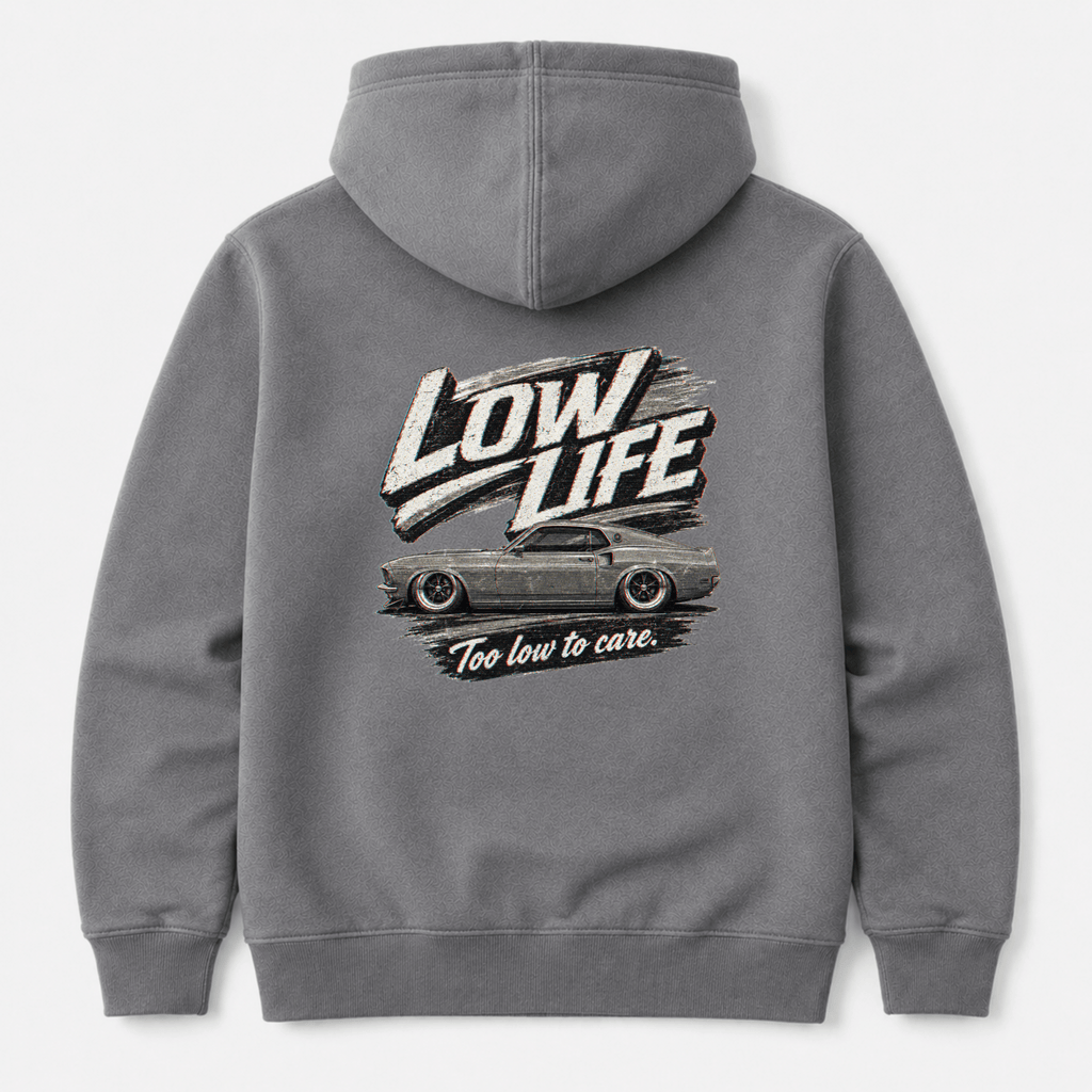 Camberline Cars Low Life Monochrome Hoodie in Heather Grey showing back graphic