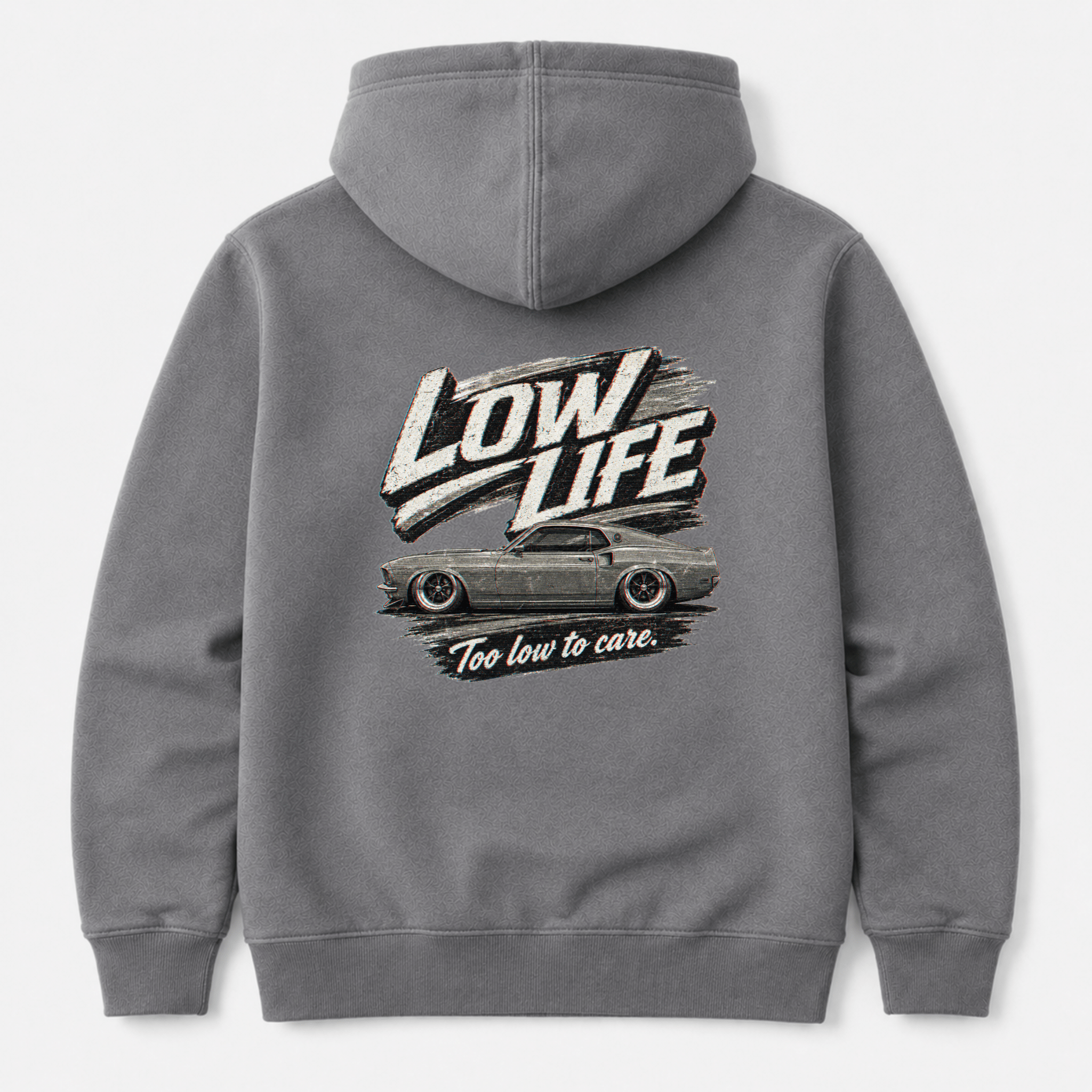 Camberline Cars Low Life Monochrome Mach 1 Hoodie in Heather Grey showing back graphic