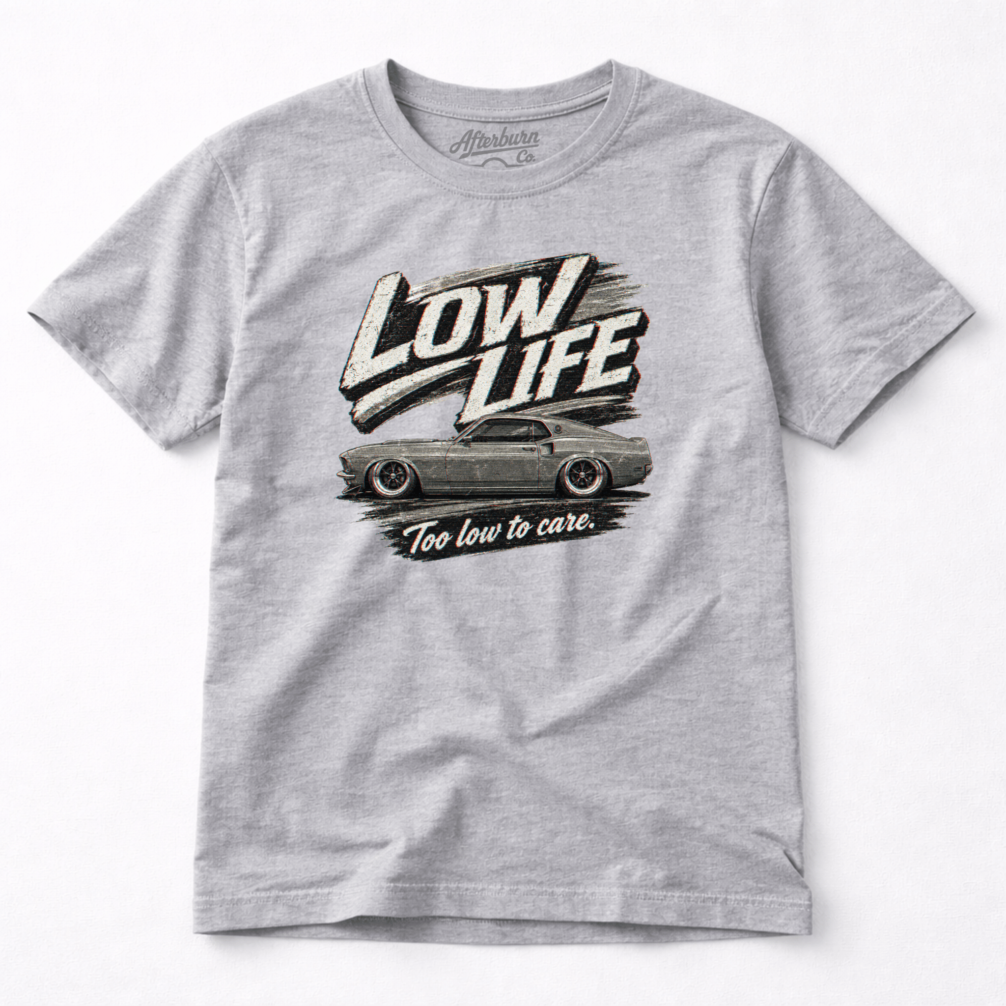 Camberline Cars Low Life Monochrome Mach 1 T-Shirt in Sport Grey showing front graphic