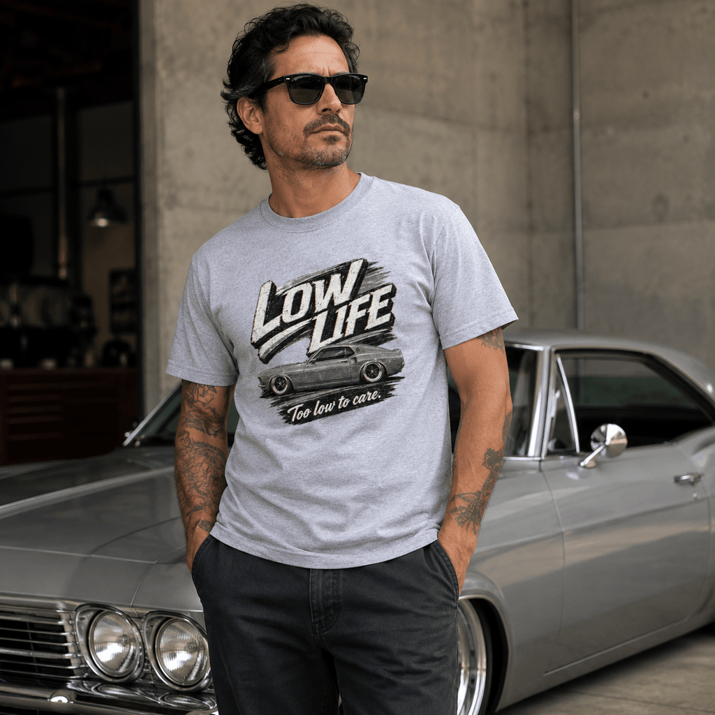 Model wearing Camberline Cars Low Life Monochrome T-Shirt in Sport Grey, styled for car culture