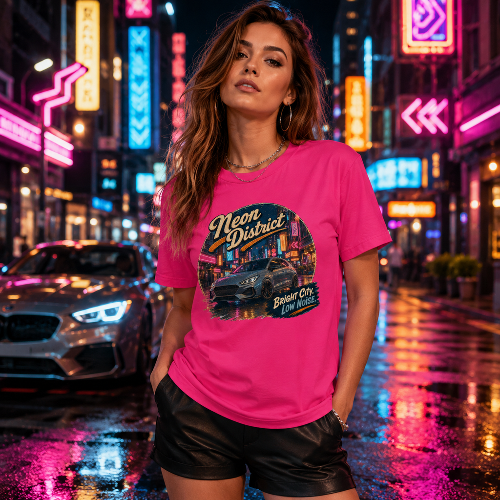 Model wearing the Camberline Cars Neon District Hot Hatch T-Shirt – Hot Pink, styled in a car culture setting