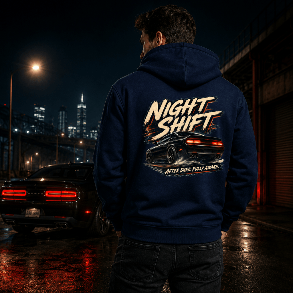 Model wearing the Camberline Cars Night Shift Muscle Car Hoodie – Navy, styled in a car culture setting