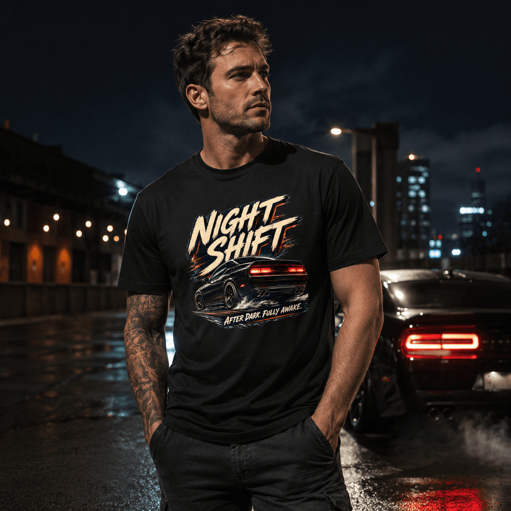 Model wearing the Camberline Cars Night Shift Muscle Car T-Shirt – Black, styled in a car culture setting