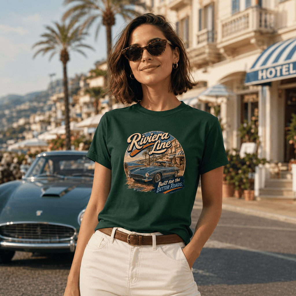 Model wearing the Camberline Cars Riviera Line Classic GT T-Shirt – Forest Green, styled in a car culture setting