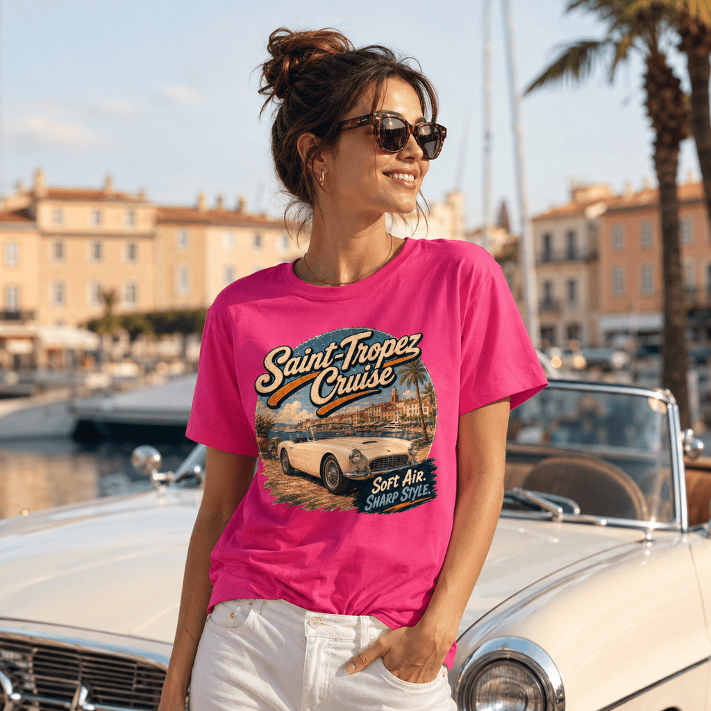 Model wearing the Camberline Cars Saint Tropez Cruise Classic Roadster T-Shirt – Hot Pink, styled in a car culture setting