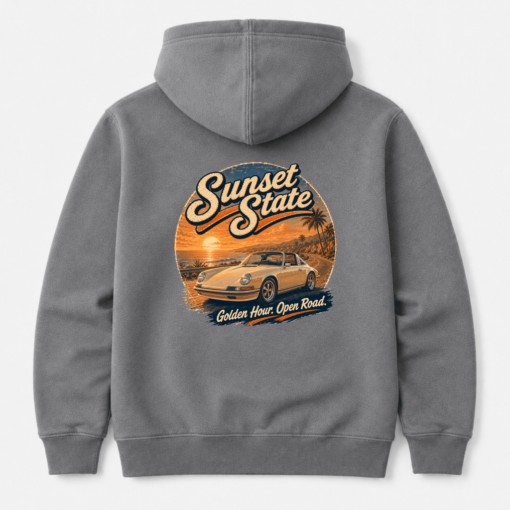 Camberline Cars Sunset State Classic Targa Hoodie - Heather Grey - back view showing the Car Classic Targa graphic.