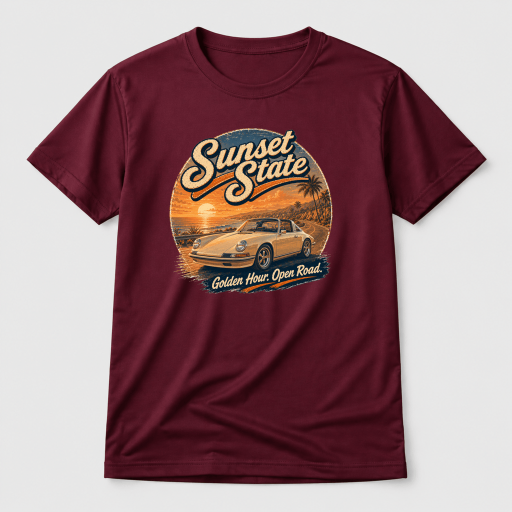 Camberline Cars Sunset State Classic Targa T-Shirt – Maroon