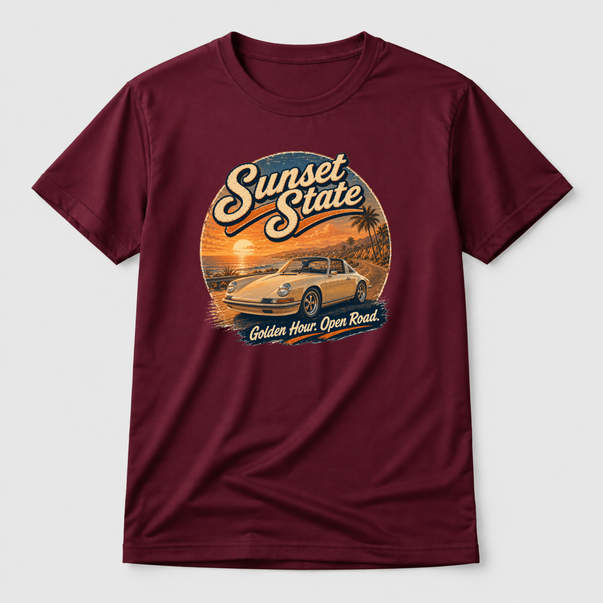 Camberline Cars Sunset State Classic Targa T-Shirt – Maroon