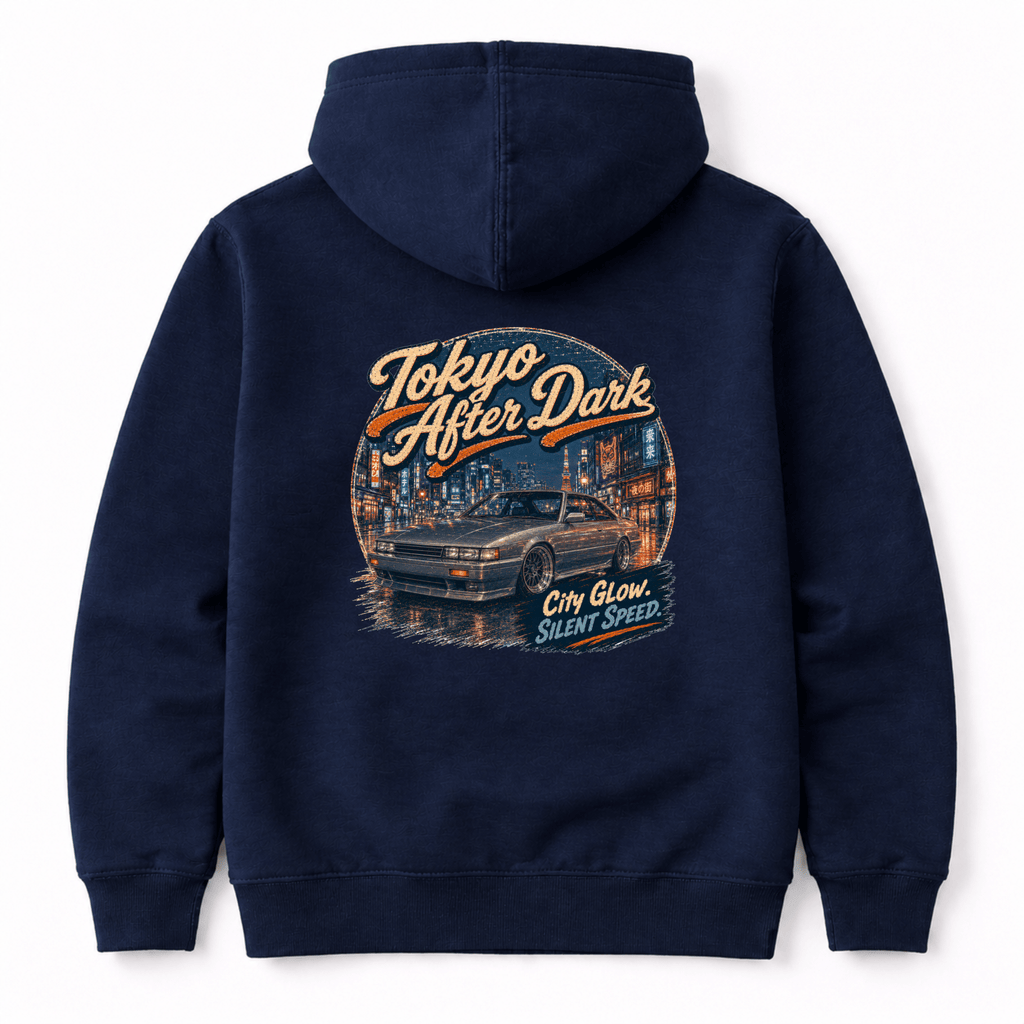 Camberline Cars Tokyo After Dark Drift Coupe Hoodie – Navy — back view showing the Camberline Cars Tokyo After Dark Drift Coupe graphic print