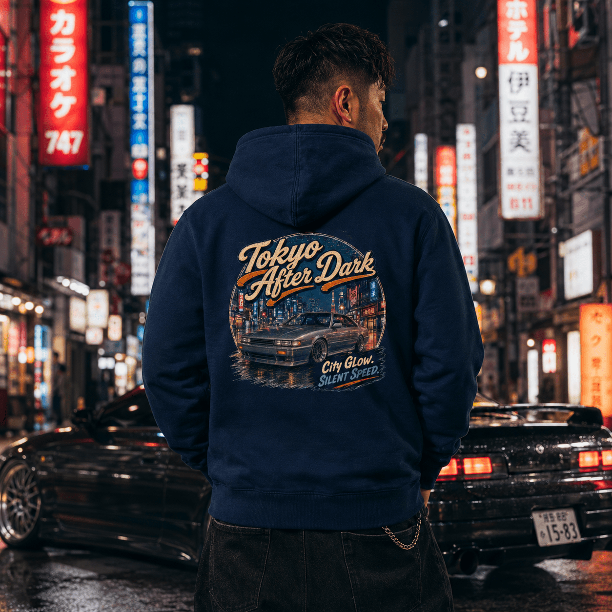 Model wearing the Camberline Cars Tokyo After Dark Drift Coupe Hoodie – Navy, styled in a car culture setting