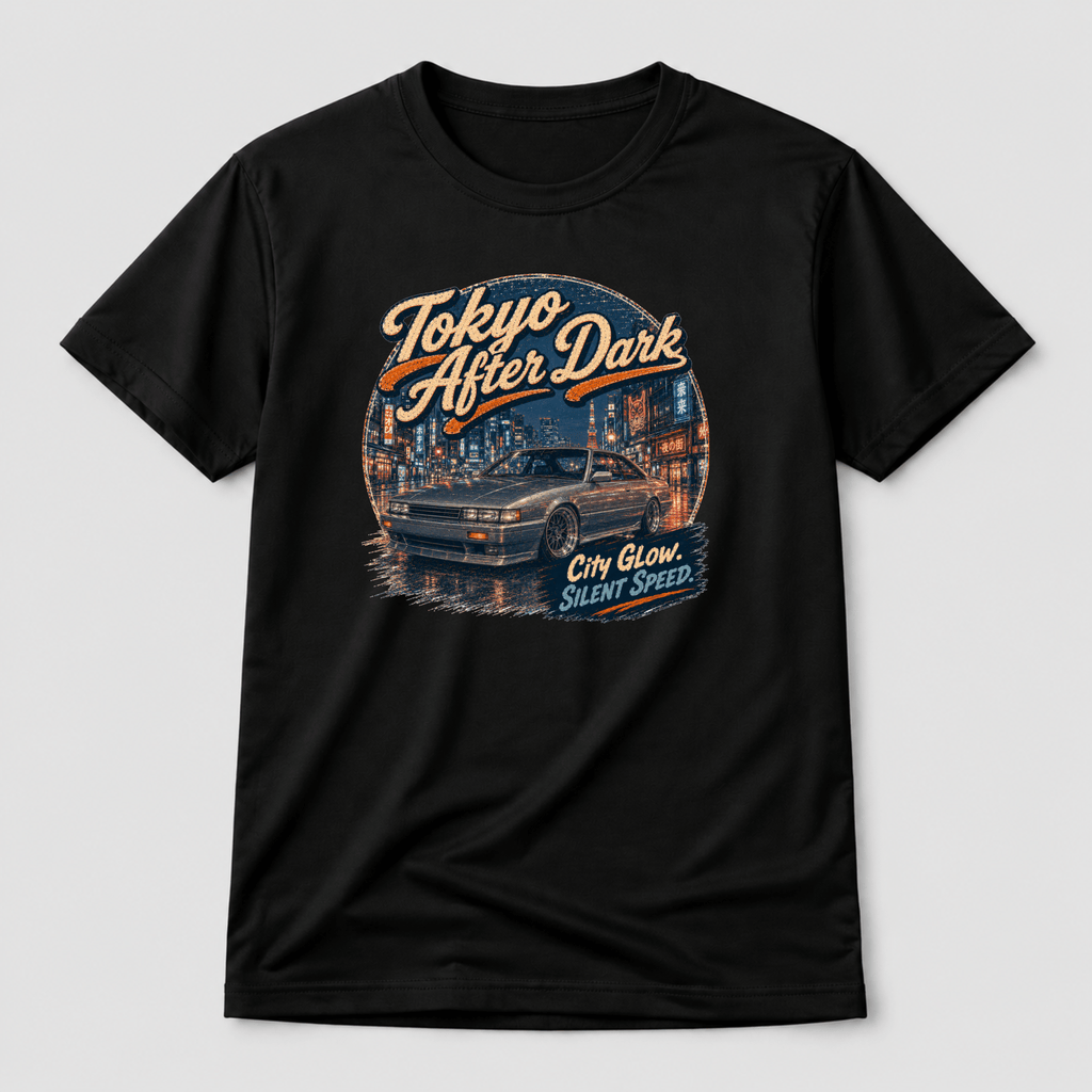Camberline Cars Tokyo After Dark Drift Coupe T-Shirt – Black — front view showing the Camberline Cars Tokyo After Dark Drift Coupe graphic print