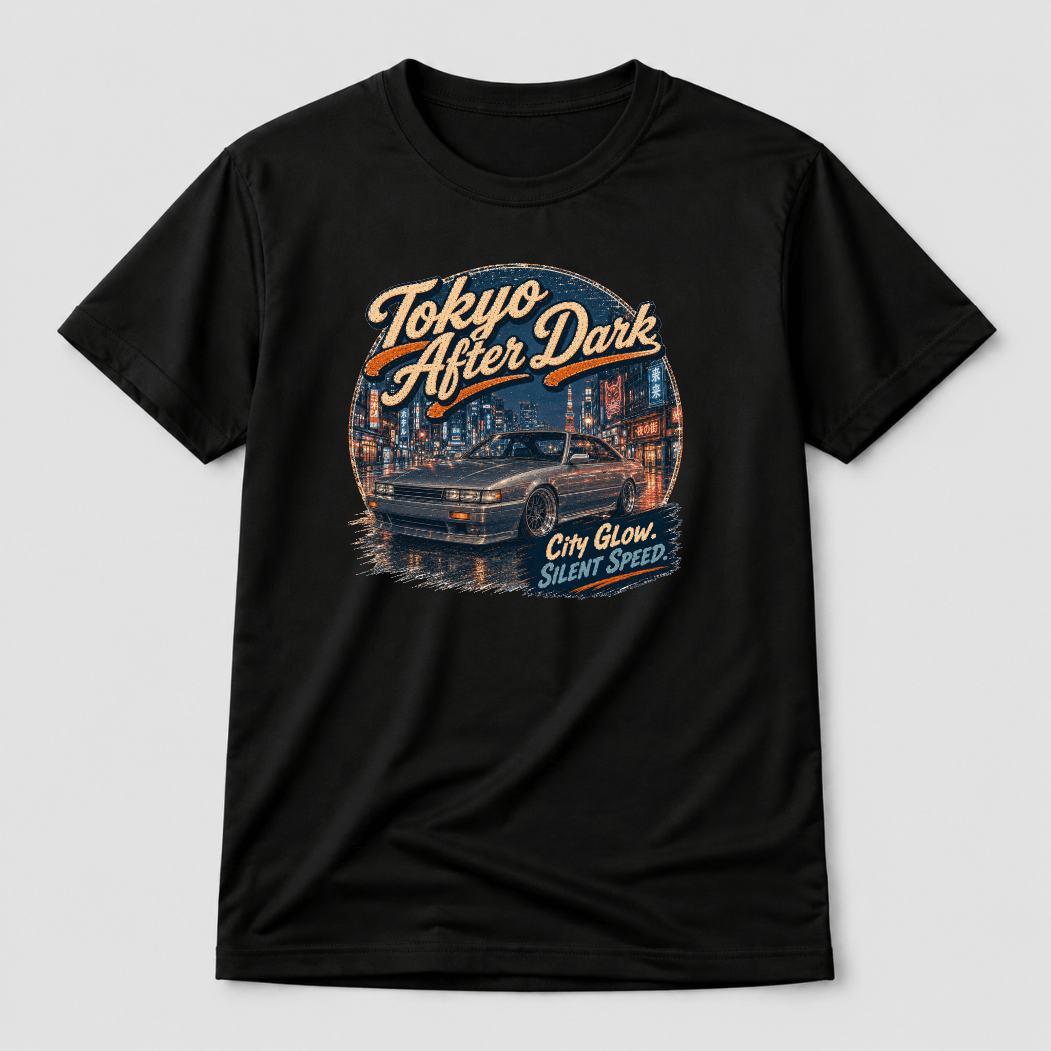 Camberline Cars Tokyo After Dark Drift Coupe T-Shirt – Black — front view showing the Camberline Cars Tokyo After Dark Drift Coupe graphic print