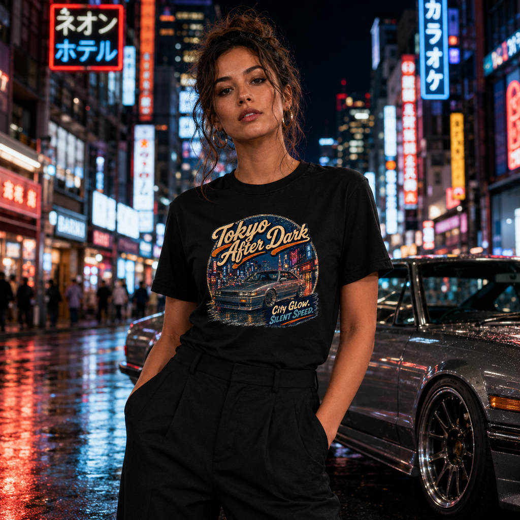 Model wearing the Camberline Cars Tokyo After Dark Drift Coupe T-Shirt – Black, styled in a car culture setting