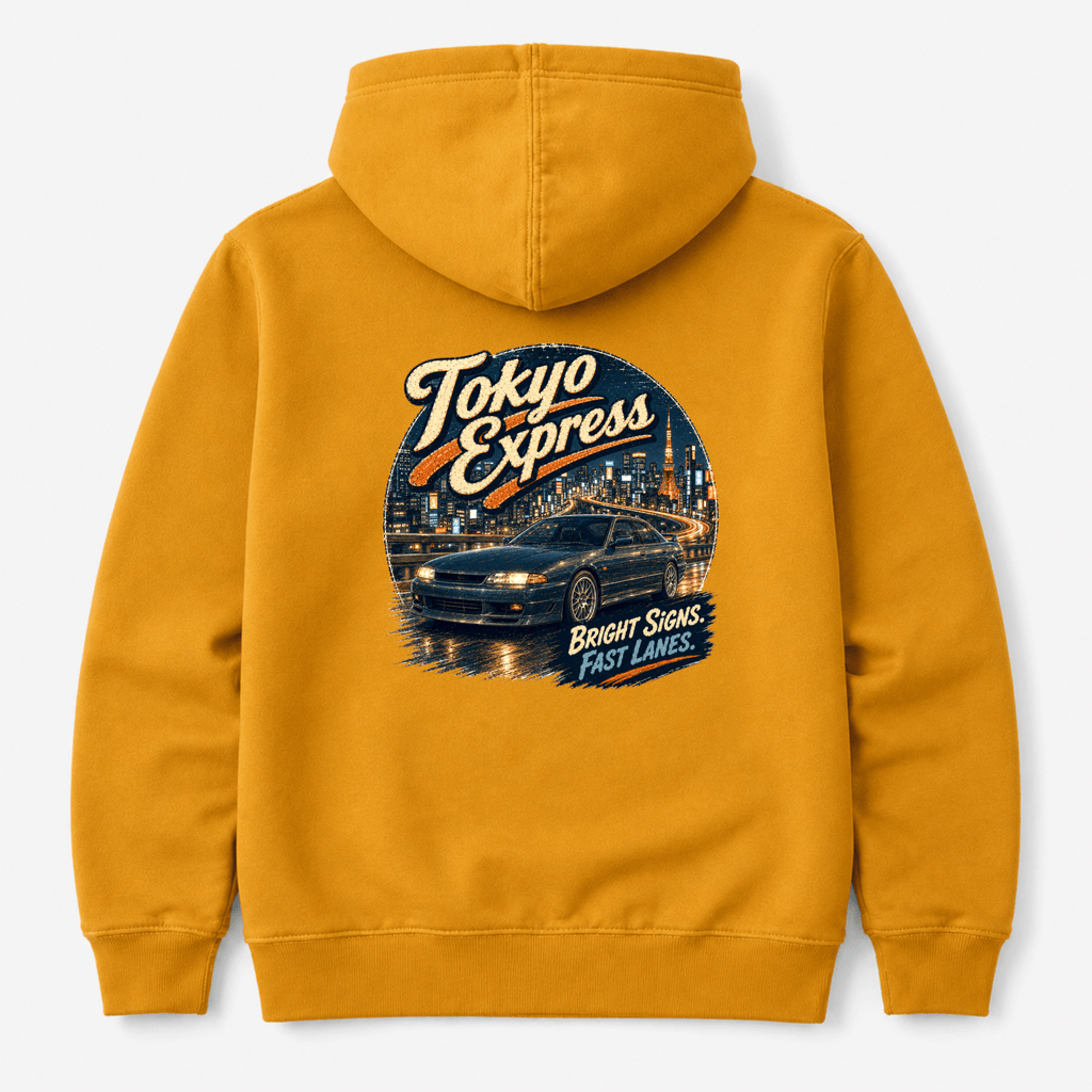 Camberline Cars Tokyo Express Street Coupe Hoodie in Mustard showing back graphic