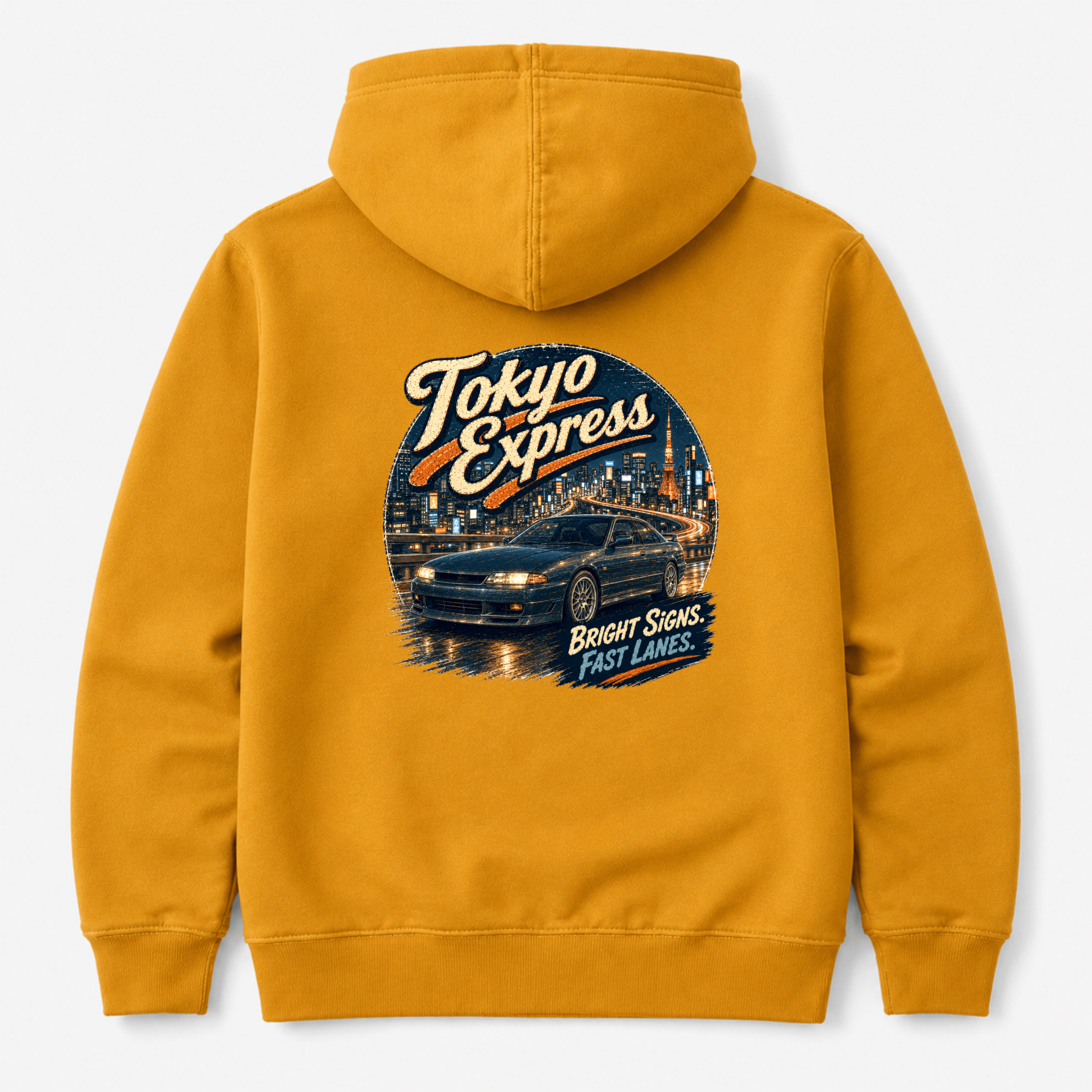 Camberline Cars Tokyo Express Street Coupe Hoodie in Mustard showing back graphic