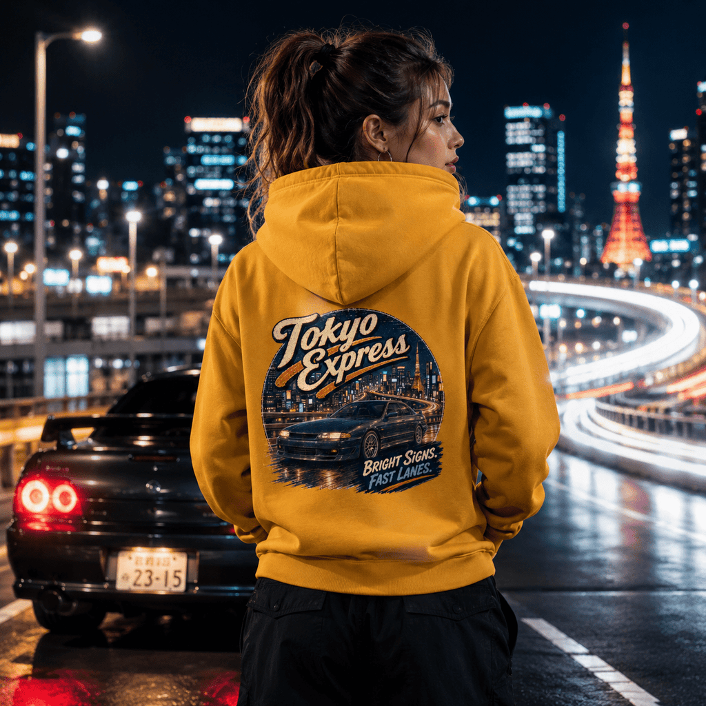 Model wearing Camberline Cars Tokyo Express Street Coupe Hoodie in Mustard, styled for car culture