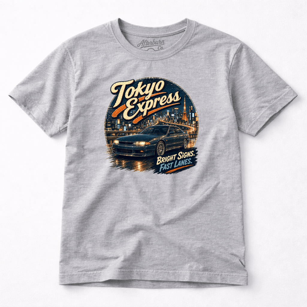 Camberline Cars Tokyo Express Street Coupe T-Shirt in Sport Grey showing front graphic