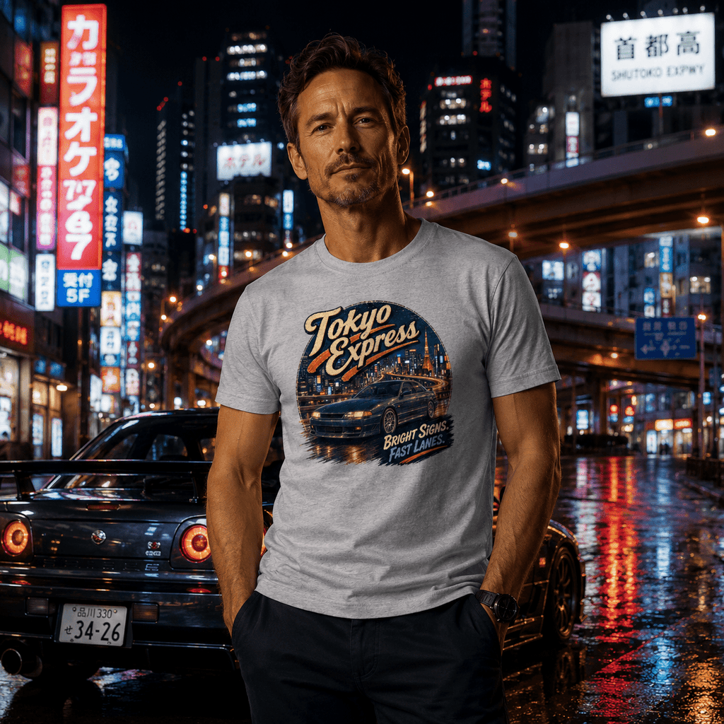 Model wearing Camberline Cars Tokyo Express Street Coupe T-Shirt in Sport Grey, styled for car culture