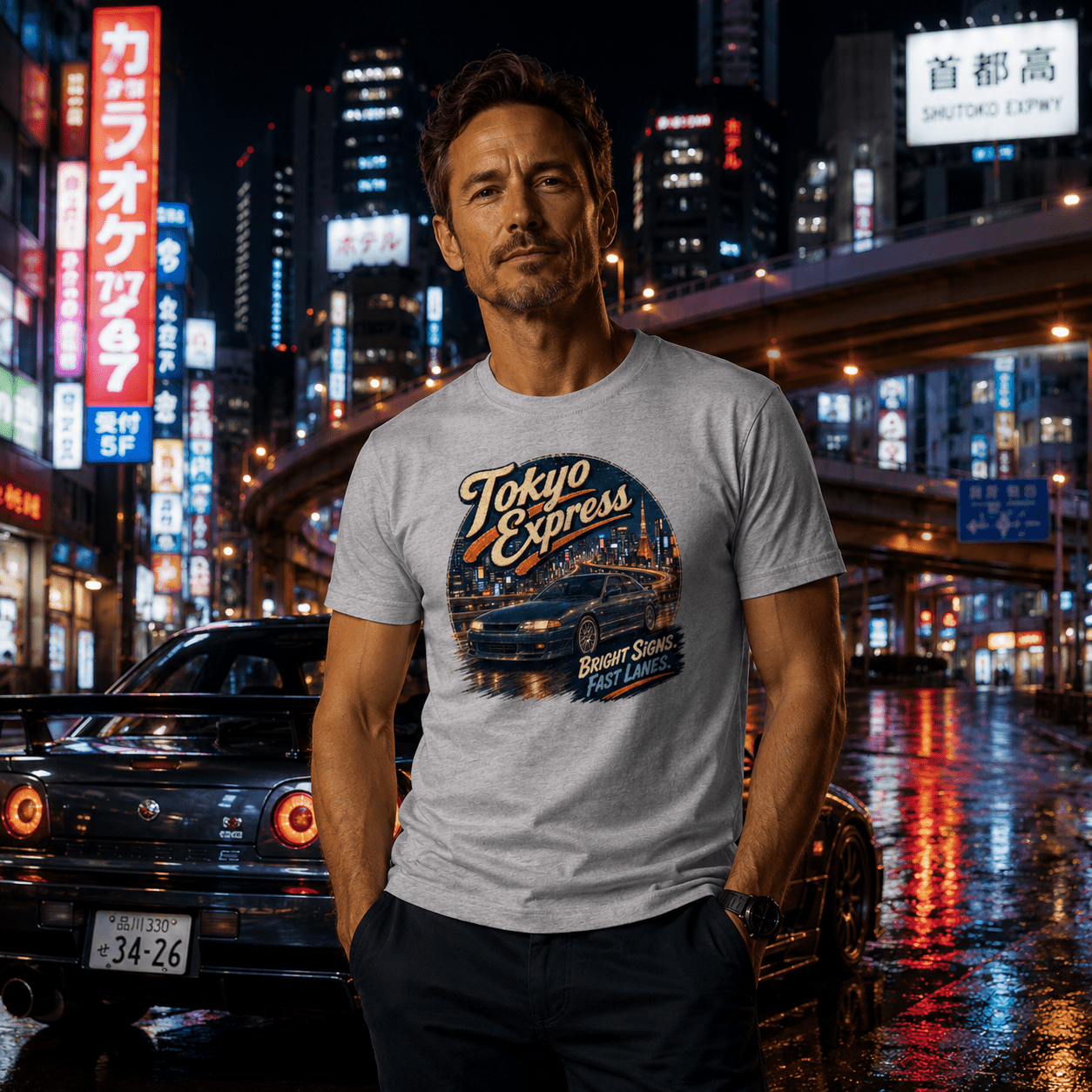 Model wearing Camberline Cars Tokyo Express Street Coupe T-Shirt in Sport Grey, styled for car culture