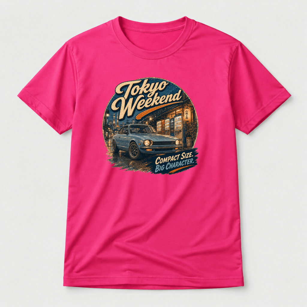 Camberline Cars Tokyo Weekend Classic Compact T-Shirt in Hot Pink showing front graphic