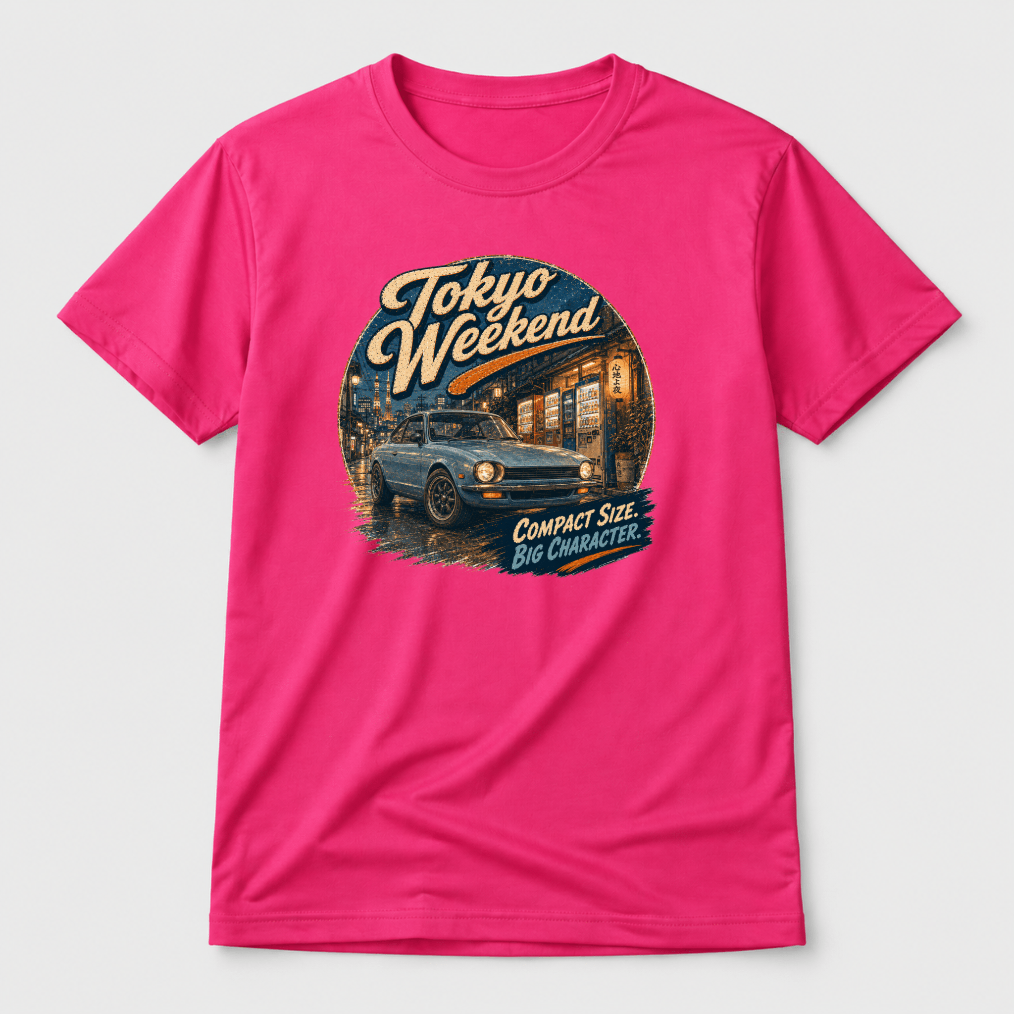 Camberline Cars Tokyo Weekend T-Shirt in Hot Pink showing front graphic