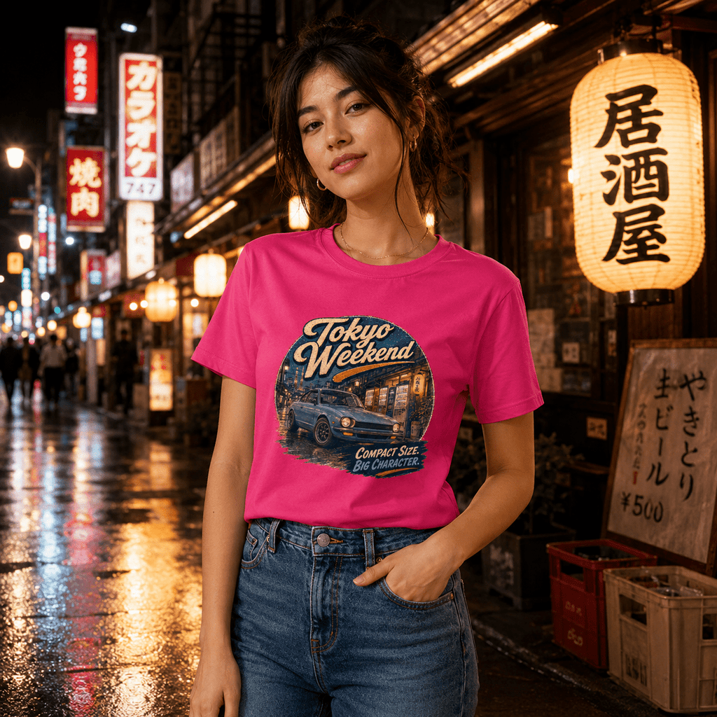 Model wearing Camberline Cars Tokyo Weekend Classic Compact T-Shirt in Hot Pink, styled for car culture