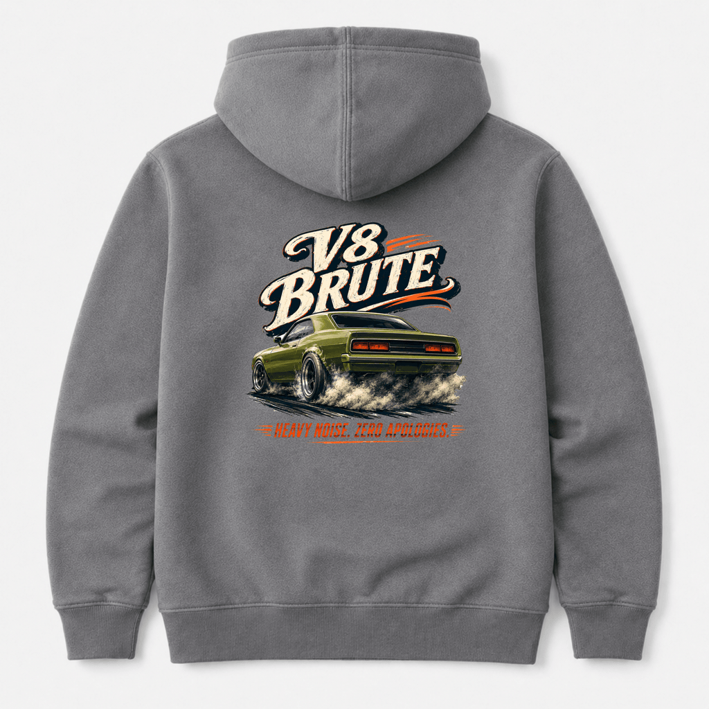 Camberline Cars V8 Brute Muscle Car Hoodie in Heather Grey showing back graphic