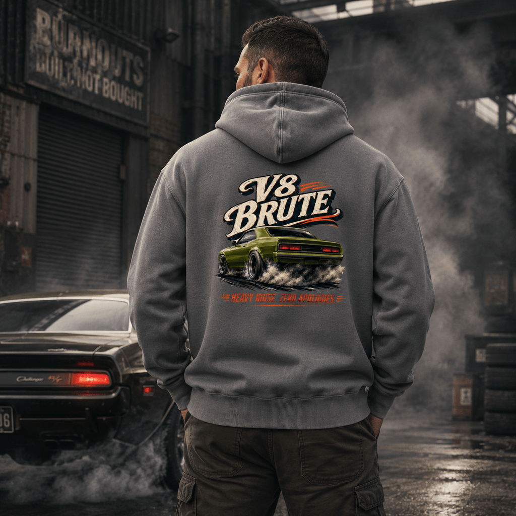 Model wearing Camberline Cars V8 Brute Muscle Car Hoodie in Heather Grey, styled for car culture