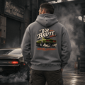 Model wearing Camberline Cars V8 Brute Muscle Car Hoodie in Heather Grey, styled for car culture