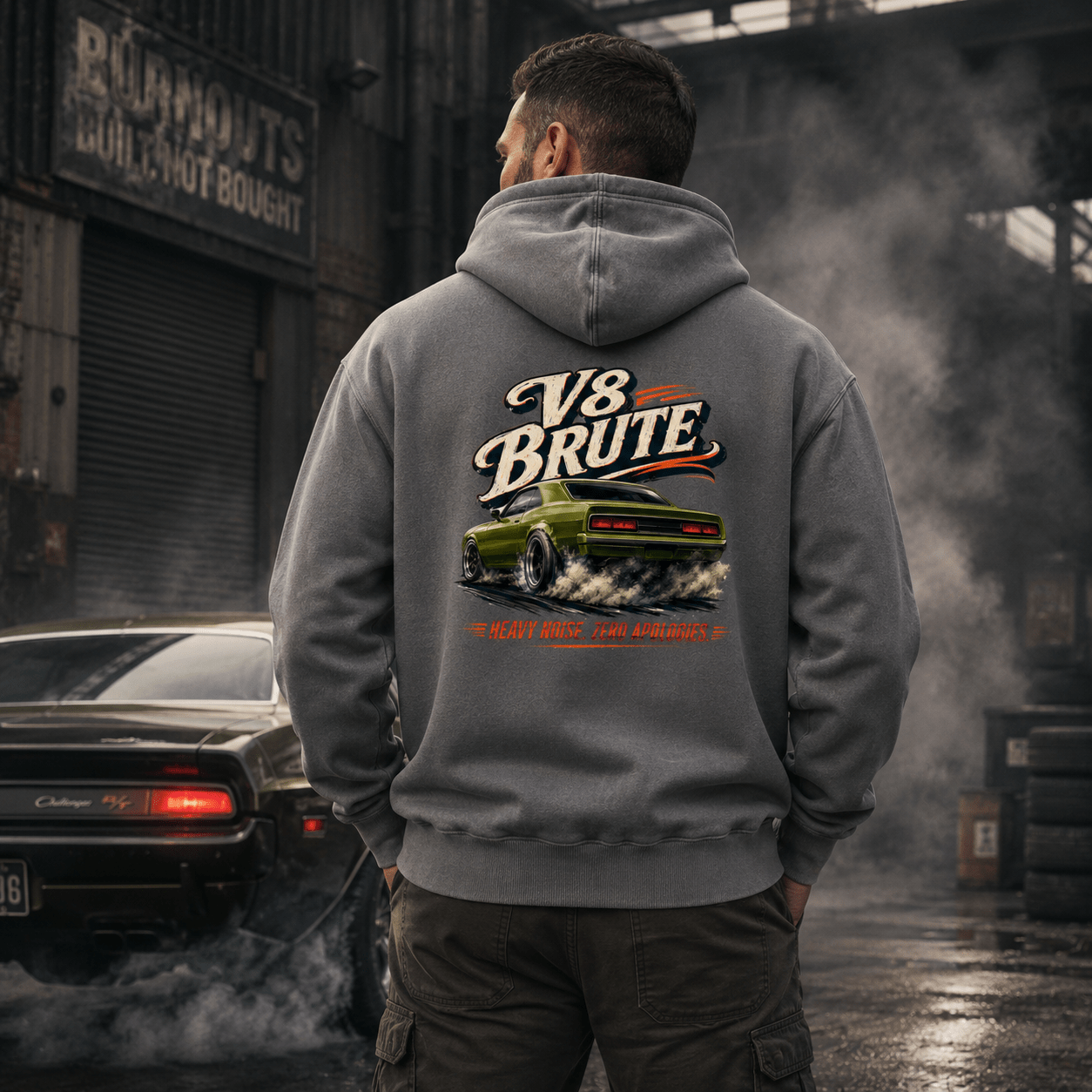 Model wearing Camberline Cars V8 Brute Hoodie in Heather Grey