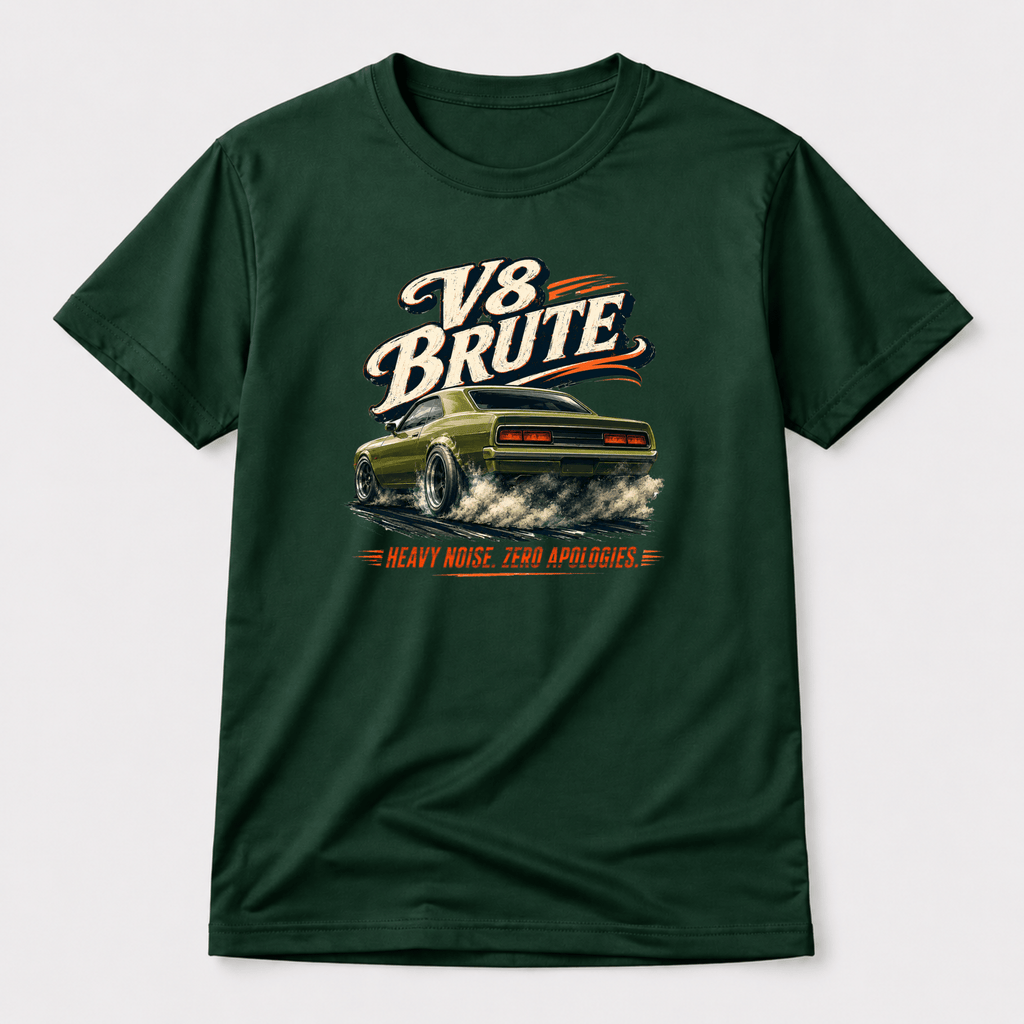 Camberline Cars V8 Brute Muscle Car T-Shirt in Forest Green showing front graphic