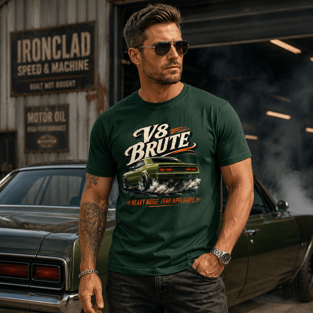 Model wearing Camberline Cars V8 Brute Muscle Car T-Shirt in Forest Green, styled for car culture