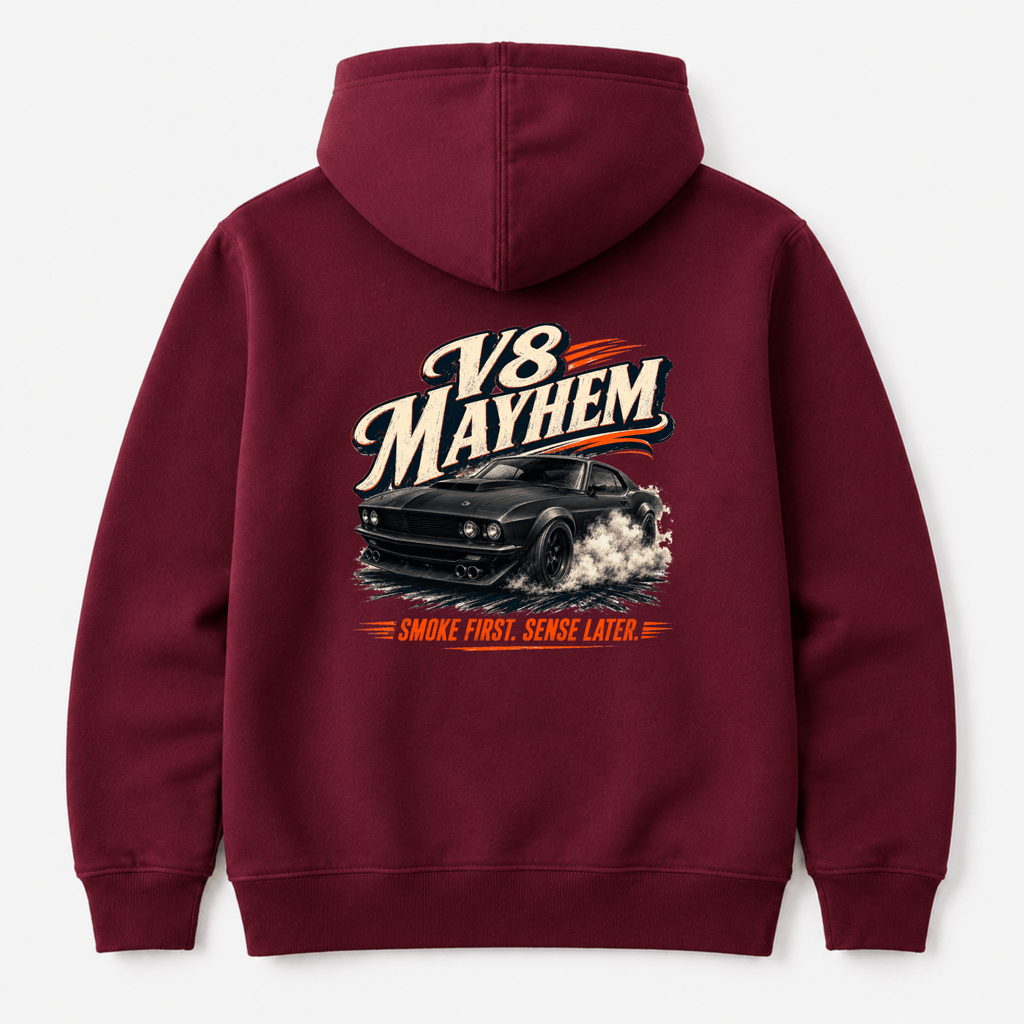 Camberline Cars V8 Mayhem Muscle Fastback Hoodie in Burgundy showing back graphic