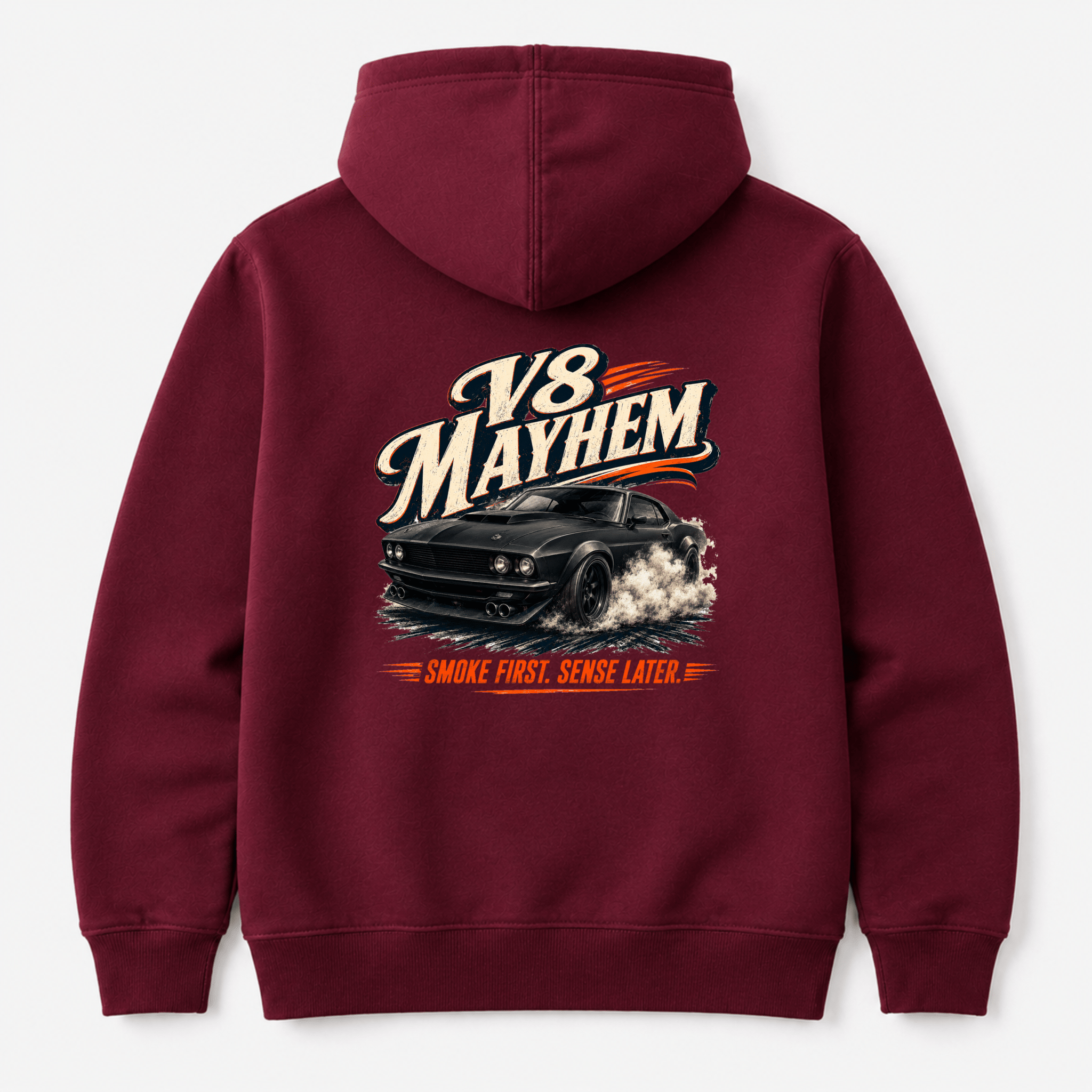 Camberline Cars V8 Mayhem Hoodie in Burgundy showing back graphic