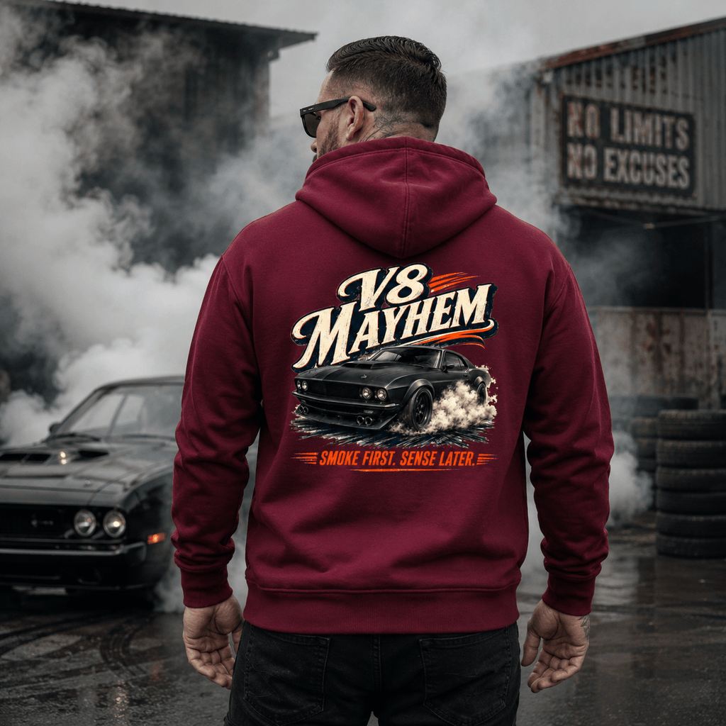 Model wearing Camberline Cars V8 Mayhem Muscle Fastback Hoodie in Burgundy, styled for car culture