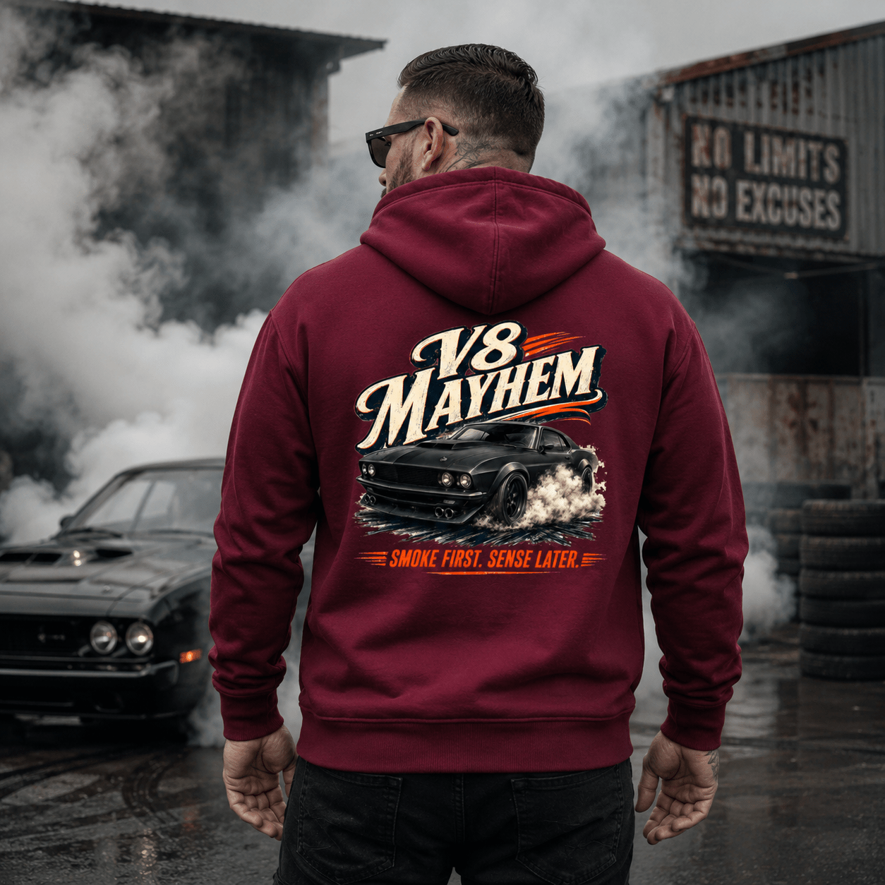 Model wearing Camberline Cars V8 Mayhem Hoodie in Burgundy