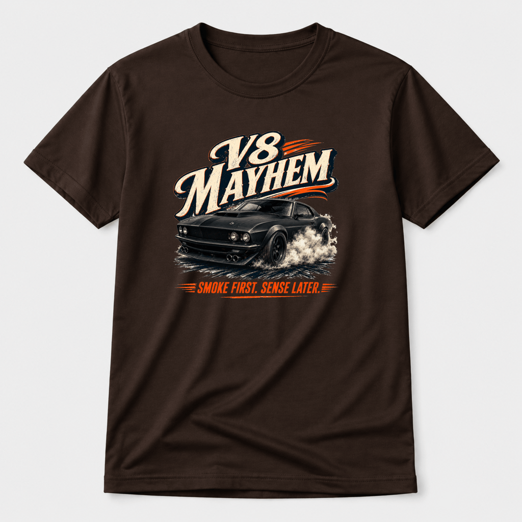 Camberline Cars V8 Mayhem Muscle Fastback T-Shirt in Dark Chocolate showing front graphic