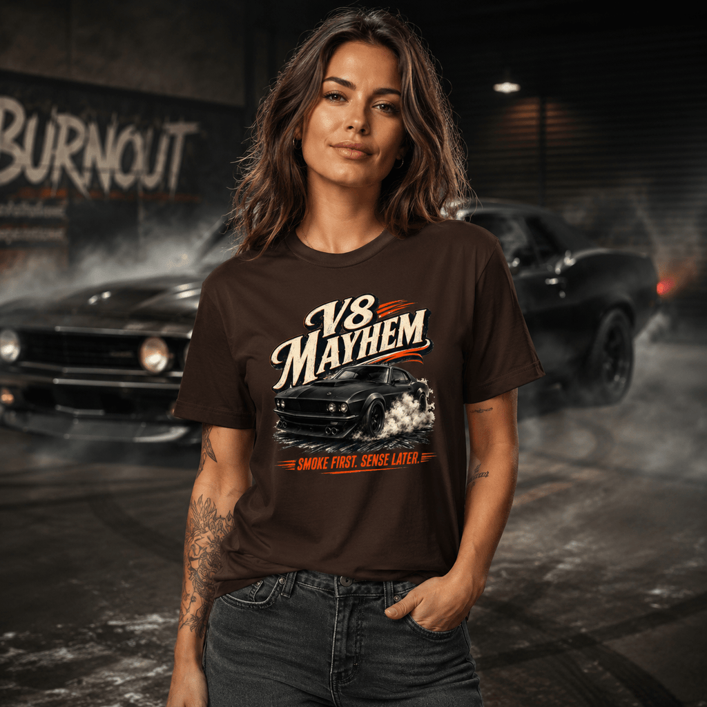 Model wearing Camberline Cars V8 Mayhem Muscle Fastback T-Shirt in Dark Chocolate, styled for car culture