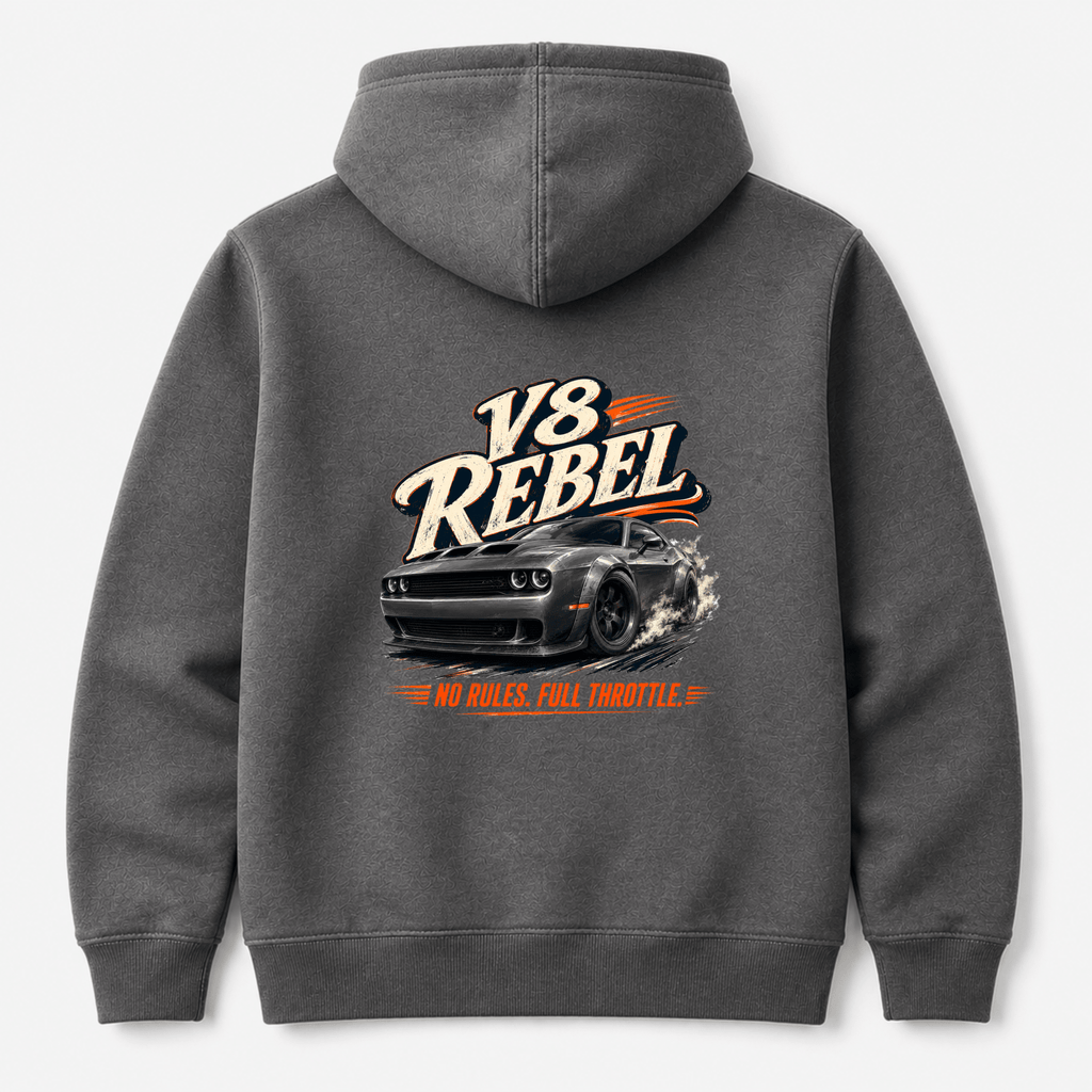 Camberline Cars V8 Rebel Muscle Car Hoodie in Heather Grey showing back graphic