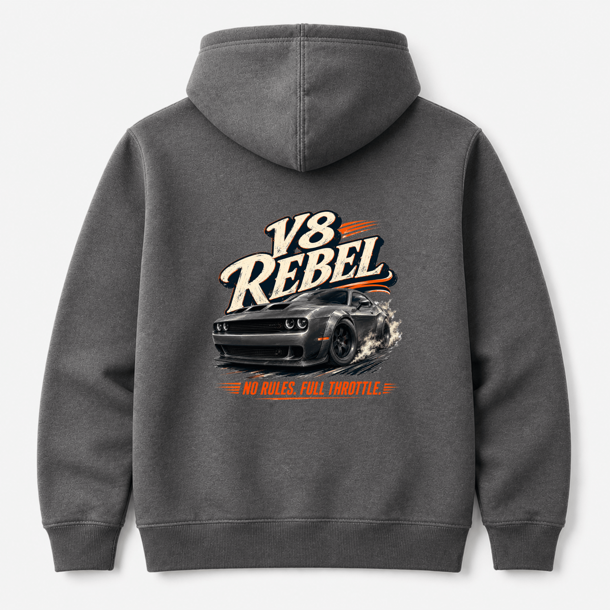 Camberline Cars V8 Rebel Muscle Car Hoodie in Heather Grey showing back graphic