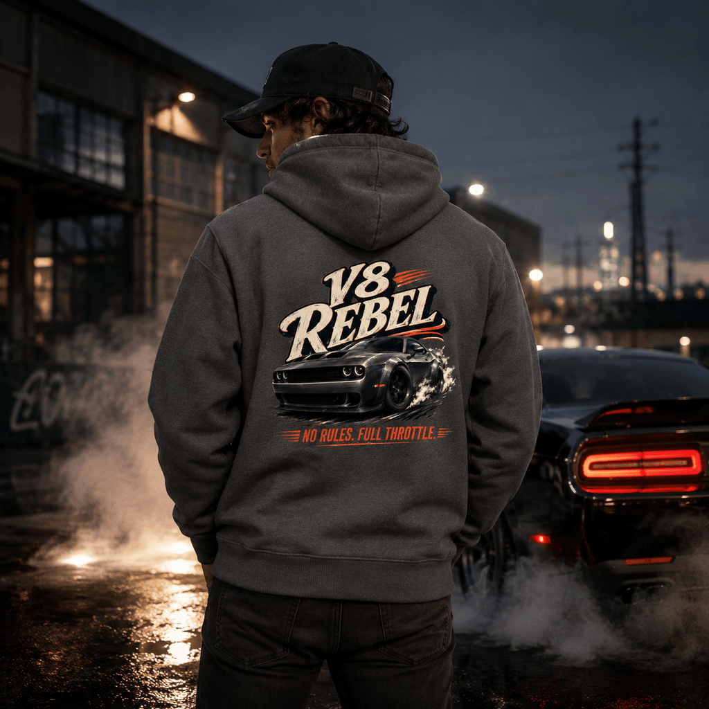 Model wearing Camberline Cars V8 Rebel Muscle Car Hoodie in Heather Grey, styled for car culture