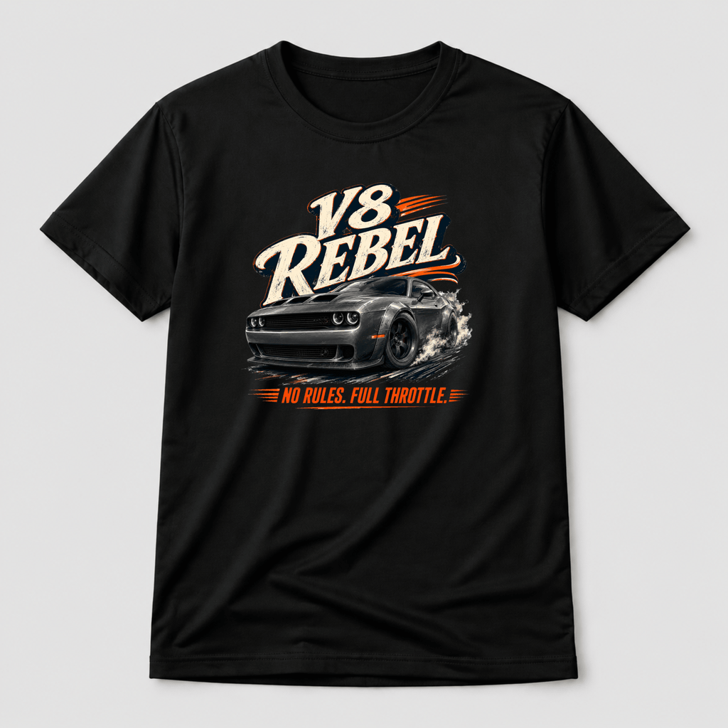 Camberline Cars V8 Rebel Muscle Car T-Shirt in Black showing front graphic