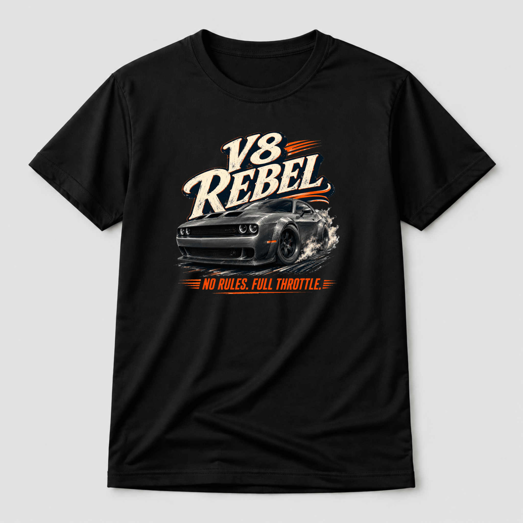 Camberline Cars V8 Rebel Muscle Car T-Shirt in Black showing front graphic