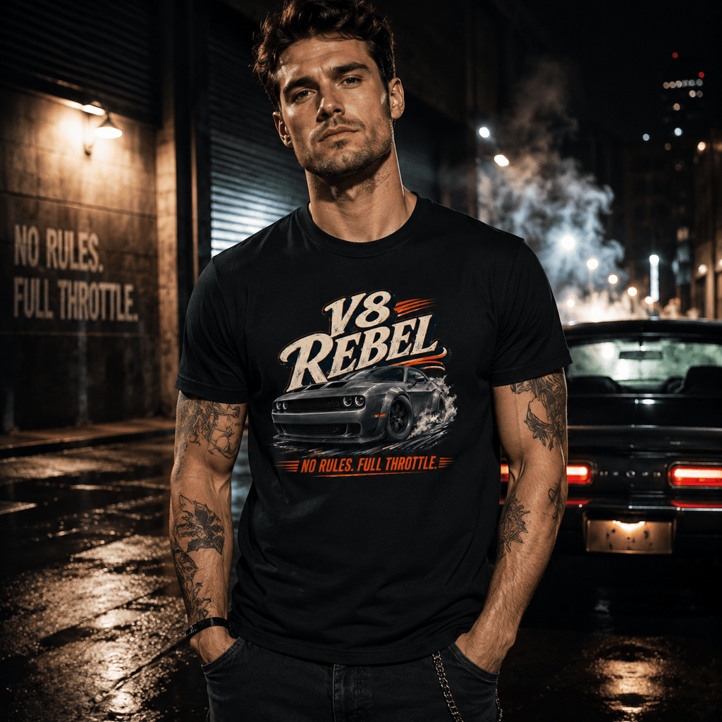 Model wearing Camberline Cars V8 Rebel Muscle Car T-Shirt in Black, styled for car culture
