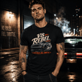Model wearing Camberline Cars V8 Rebel Muscle Car T-Shirt in Black, styled for car culture