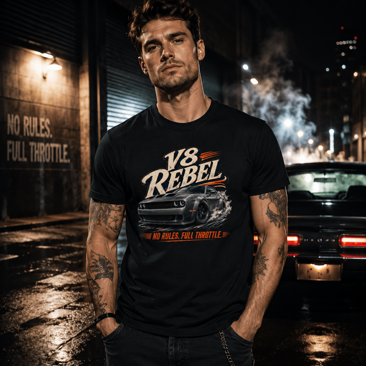 Model wearing Camberline Cars V8 Rebel Muscle Car T-Shirt in Black, styled for car culture